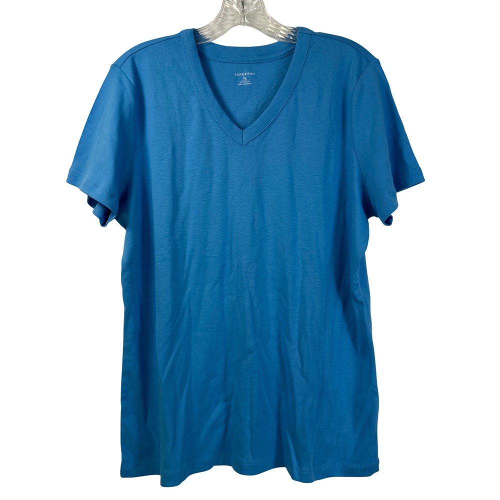 Lands End Womens XL 18-20 Blue V-Neck 100% Cotton Short Sleeve T-Shirt